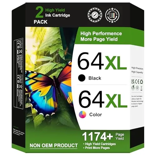 Adoccur HP 64 / 64XL compatible ink cartridge, Black + Tri-Color Combo (2-Pack)