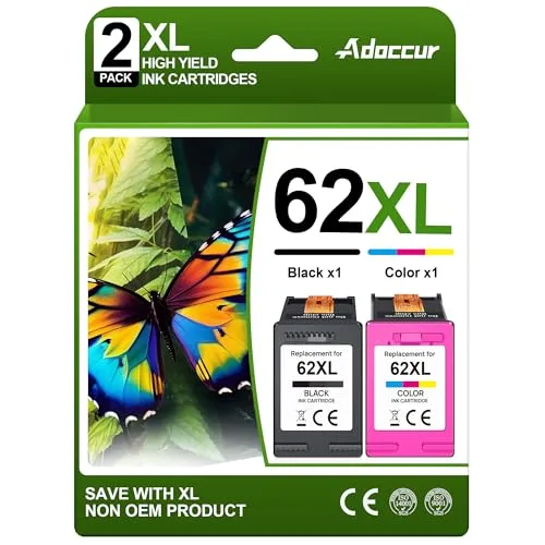 Adoccur HP 62 / 62XL compatible ink cartridge, Black + Tri-Color Combo (2-Pack)