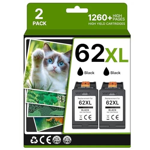 Adoccur HP 62 / 62XL compatible ink cartridge, Black Only (2-Pack)