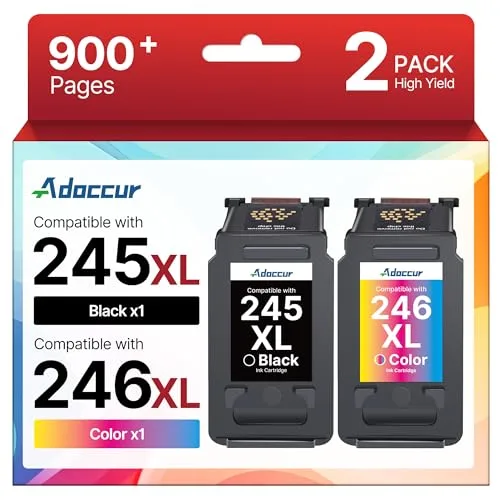 Adoccur Canon PG-245XL / CL-246XL compatible ink cartridge, Black + Color Combo (2-Pack)