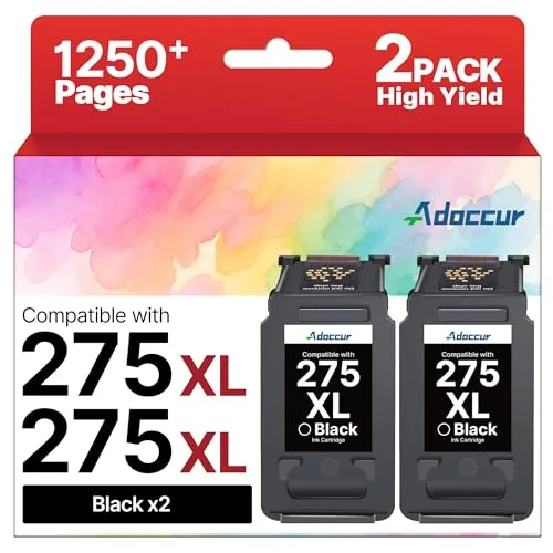 Adoccur Canon PG-275 / CL-276 compatible ink cartridge, Black Only, High-Yield (2-Pack)